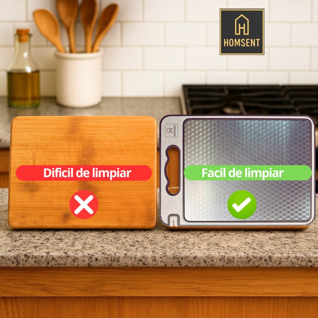 HOMSENT FOTO 2 TABLA DE CORTAR ACERO Y PP INFOGRAFIA cmparativa higienica